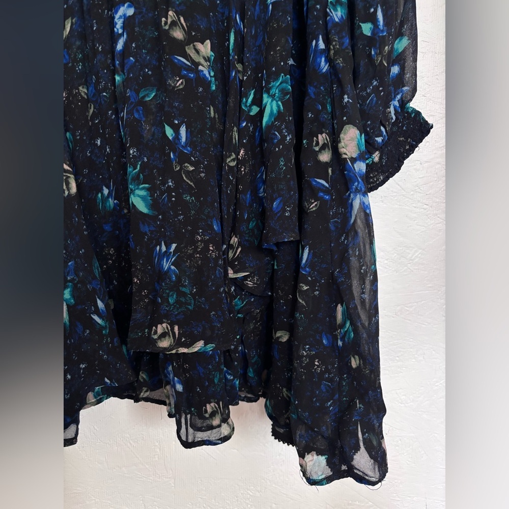 Anthropologie Blue Floral Long Sleeve V Neck Ruched Flowy Mini Boho Dress - Picture 9 of 14